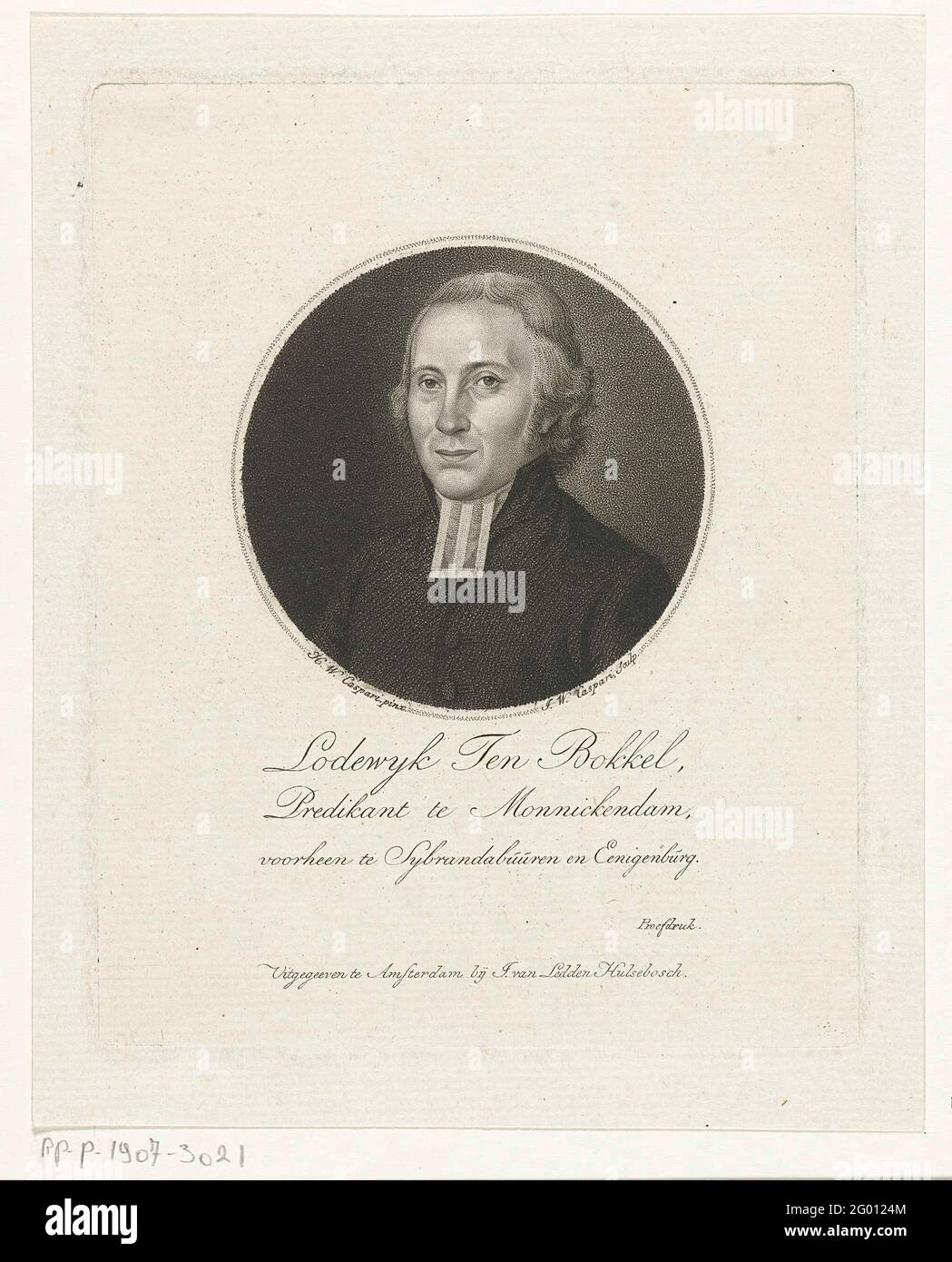 Portrait de Louis Ten Bokkel. Portrait en liste ronde de Louis Ten Bokkel, pasteur de la commune néerlandaise réformée à Monnickendam. Buste à gauche. Ten Bokkel a une veste noire avec un bef blanc. L'imprimé comporte une légende néerlandaise avec le nom de la personne représentée. Banque D'Images