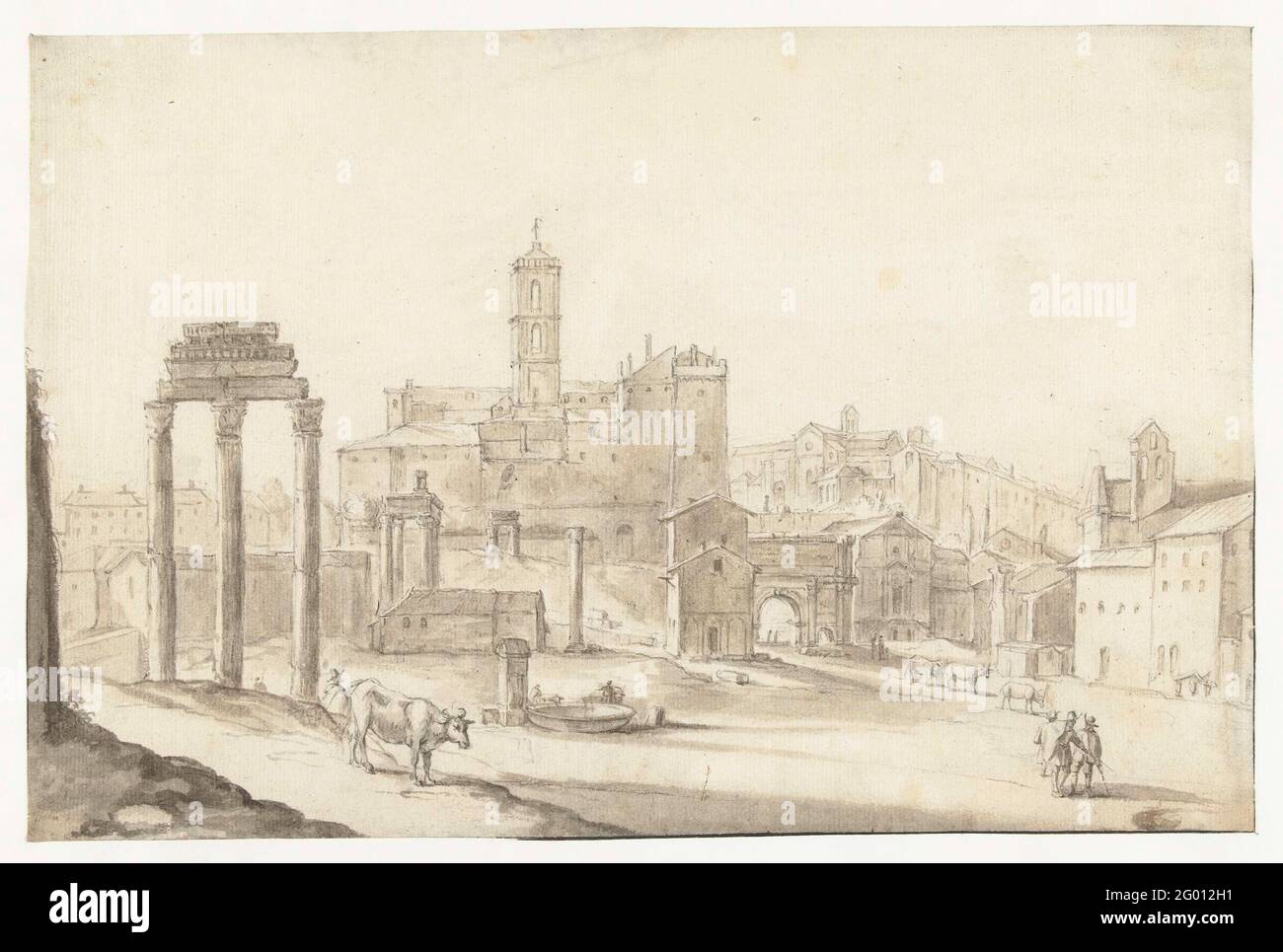 Capitole à Rome. Le Capitole de Rome, au-dessus du Campo Vaccio. Au premier plan trois colonnes du temple de Castor et Pollux. Sur la droite en arrière-plan l'église de S. Maria à Aracoeli. En dessous de l'arche de Septimus Severus, l'église de S. Giuseppe Dei Falegnami, et plus à droite le sommet de la façade du bâtiment Curia. Banque D'Images