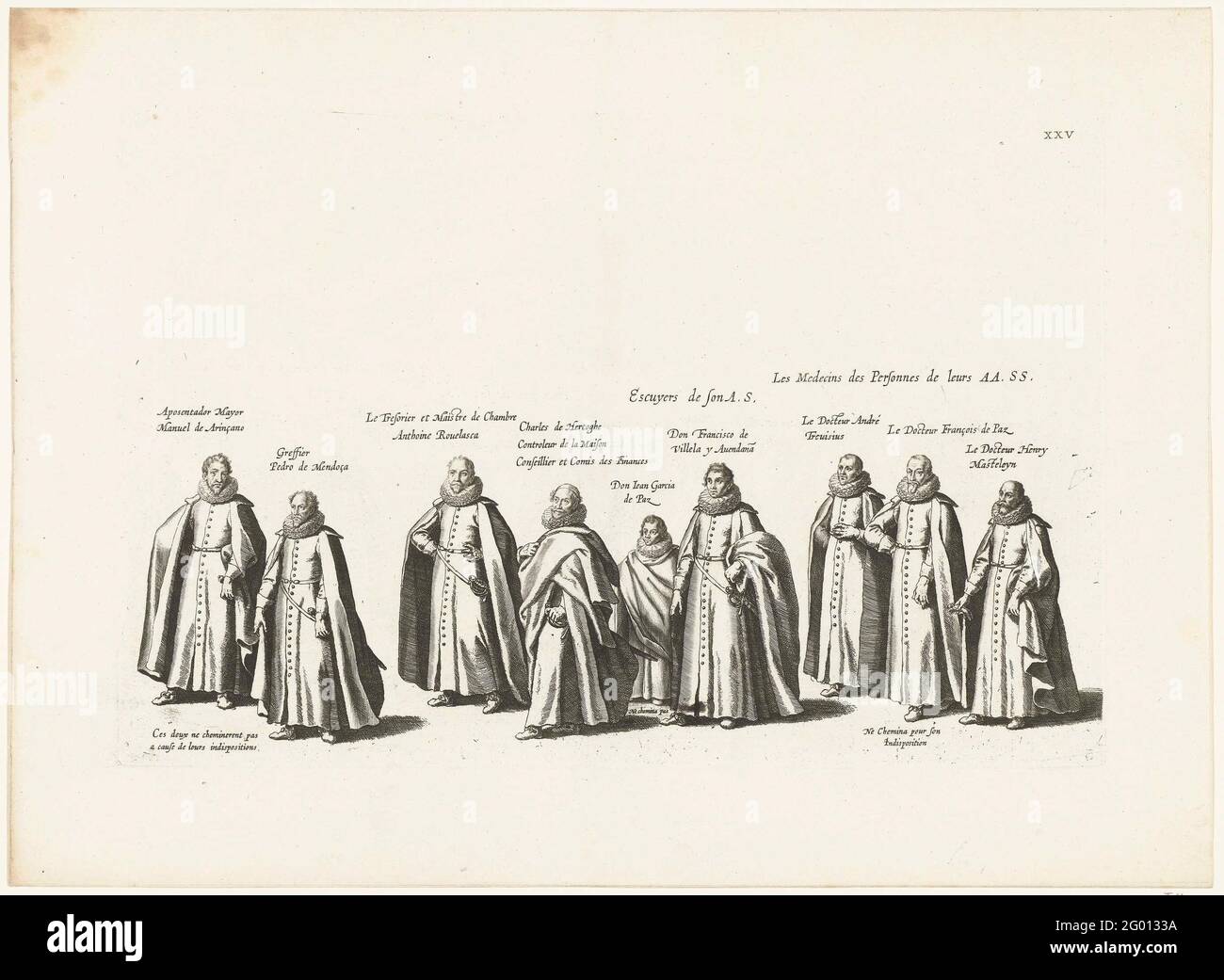 Procession funéraire d'Aartshertog Albrecht (planche XXV), 1622; Escuyers de son A.S. / les Mensecins des personnalités de leur AA. SS.; funéraire d'Aartshertog Albrecht, 1622; Pompa Funebris Optimi Potentissimiq. PII Principais Alberti. Participants au cortège funéraire. Plaque XXV dans la série des funérailles d'Aartshertog Albrecht d'Autriche à Bruxelles le 12 mars 1622. Banque D'Images