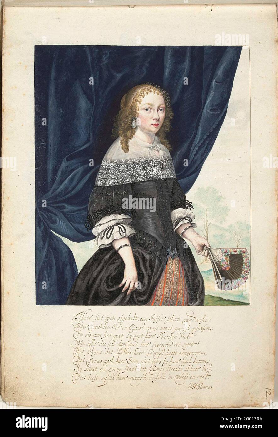 Autoportrait. Comme d'autres membres de sa famille d'artistes illustres, Gesina ter Borch était une artiste douée. Trois albums assemblés par elle ont été préservés, dont un album contenant des portraits de personnes bien-à-faire dans un cadre quotidien. Les jeunes femmes tenant des fans se présentent dans beaucoup de ces aquarelles, y compris ce autoportrait. Le COV a importé des fans chinois depuis le début du XVIIe siècle. Même s'ils ont été fabriqués par la suite dans le nord des pays-Bas, les fans ont continué à être considérés comme un accessoire exotique. Banque D'Images