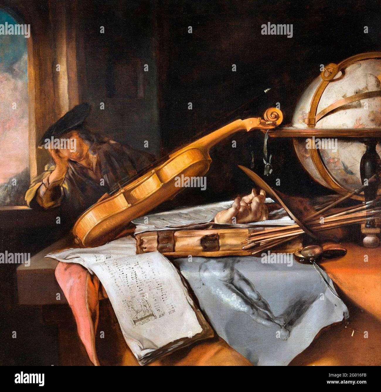 Vanitas encore la vie avec le jeune homme de pensée - Samuel van Hoogstraten, vers 1640 Banque D'Images