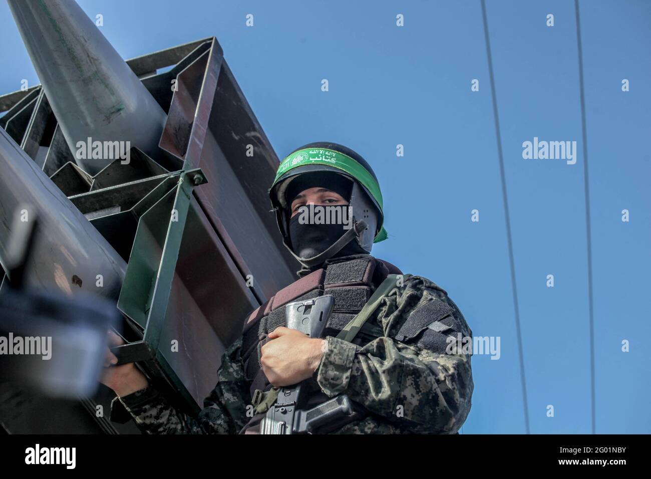 Des membres des Brigades Martyr Izz al-DIN al-Qassam participent à un défilé militaire à Beit Lahia, dans le nord de la bande de Gaza, dans les Territoires palestiniens, le 30 mai 2021. Photo de Ramez Habboub/ABACAPRESS.COM Banque D'Images