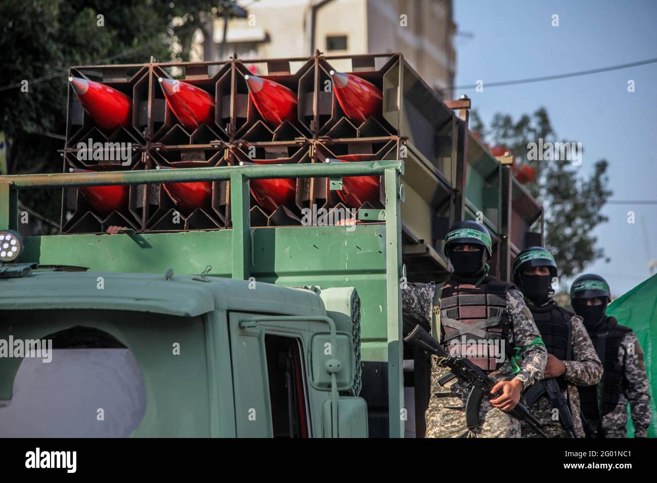 Des membres des Brigades Martyr Izz al-DIN al-Qassam participent à un défilé militaire à Beit Lahia, dans le nord de la bande de Gaza, dans les Territoires palestiniens, le 30 mai 2021. Photo de Ramez Habboub/ABACAPRESS.COM Banque D'Images