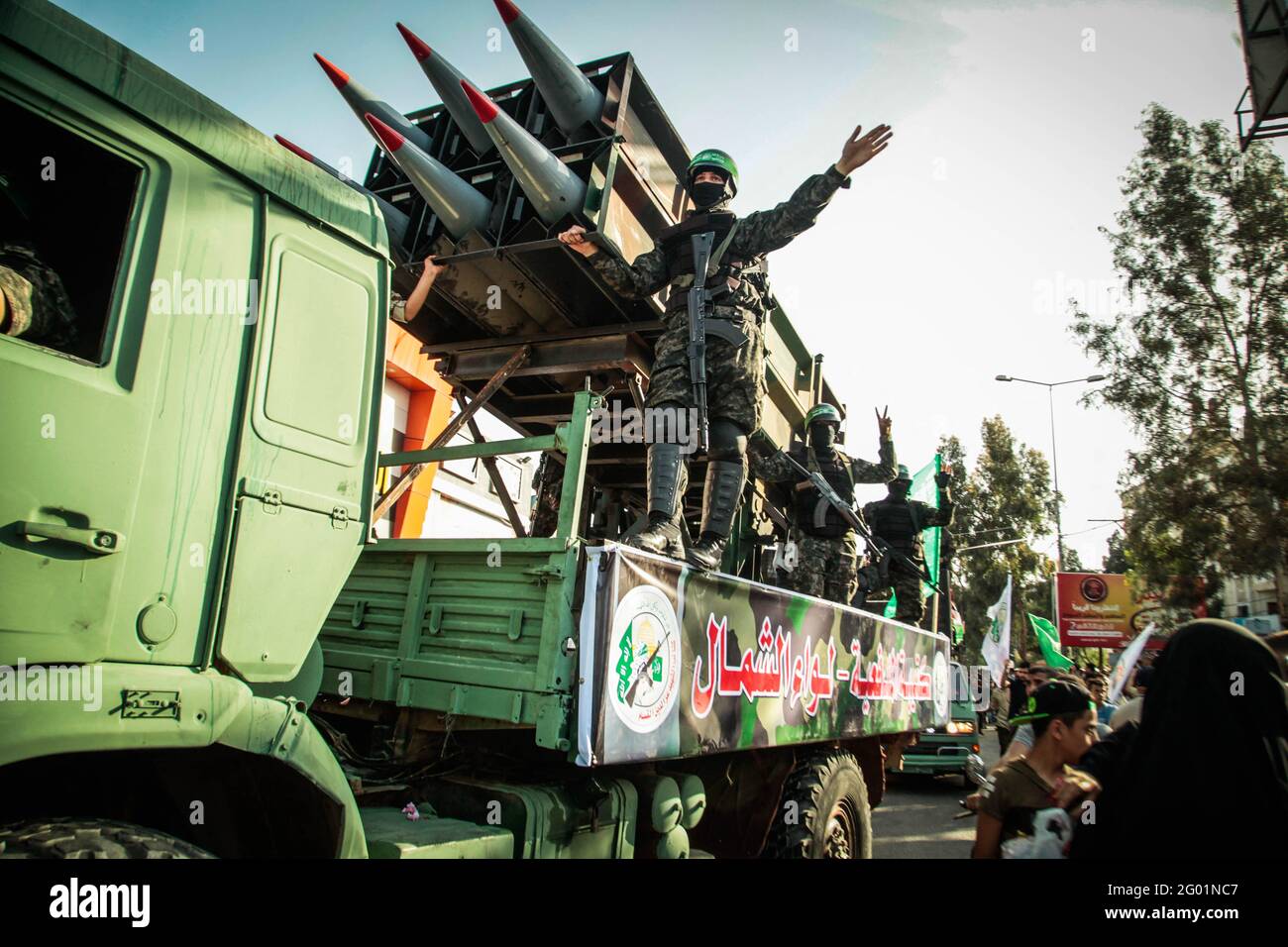 Des membres des Brigades Martyr Izz al-DIN al-Qassam participent à un défilé militaire à Beit Lahia, dans le nord de la bande de Gaza, dans les Territoires palestiniens, le 30 mai 2021. Photo de Ramez Habboub/ABACAPRESS.COM Banque D'Images