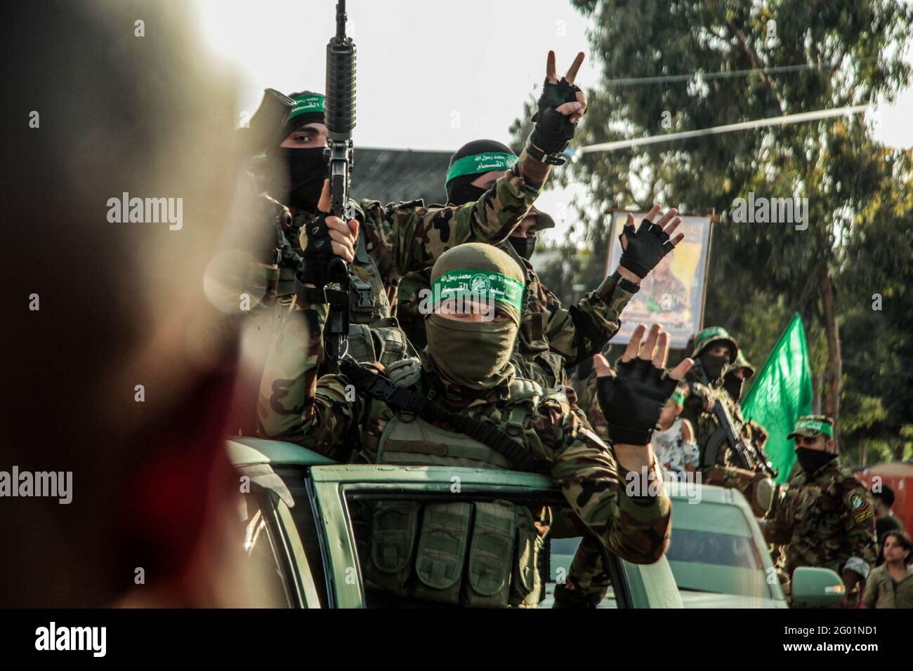 Des membres des Brigades Martyr Izz al-DIN al-Qassam participent à un défilé militaire à Beit Lahia, dans le nord de la bande de Gaza, dans les Territoires palestiniens, le 30 mai 2021. Photo de Ramez Habboub/ABACAPRESS.COM Banque D'Images