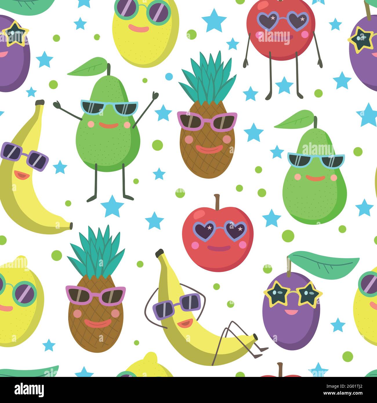 Joli motif sans couture avec personnages de fruits de dessin animé dans des lunettes de soleil, avocat, banane, ananas, citron et pomme. Illustration de Vecteur