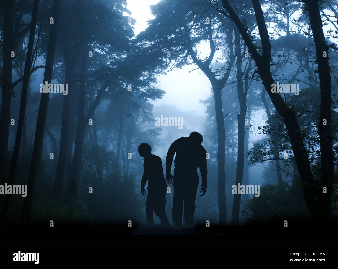 Bannière horizontale avec deux zombies dans un paysage mystérieux de forêt de foggy. Scène d'Halloween avec des morts à pied. Apocalypse zombie. rendu 3d Banque D'Images