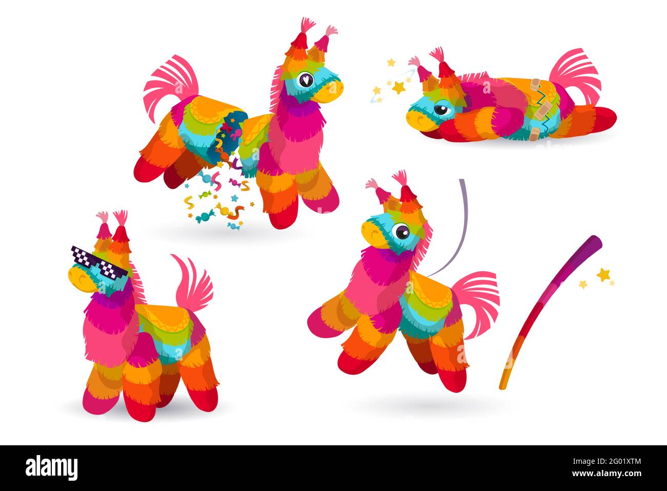 Pinata et chauve-souris mexicains, jouets colorés avec gâteries et confetti pour l'anniversaire de l'enfant, fête, carnaval ou fiesta, animaux en papier mignons pour bonbons, illustration vectorielle de dessin animé, ensemble d'icônes Illustration de Vecteur