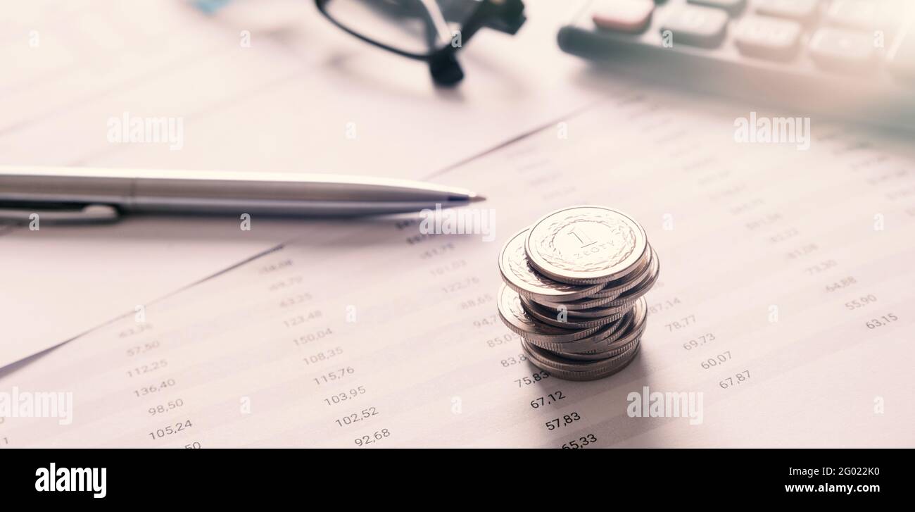Comptabilité financière, budgétisation, concept boursier. Pile de pièces de monnaie polonaise Banque D'Images