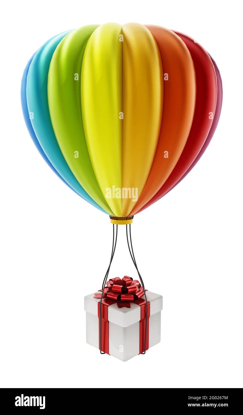 Ballon d'air chaud coloré caryant blanc boîte cadeau enveloppée de ruban rouge. Illustration 3D. Banque D'Images