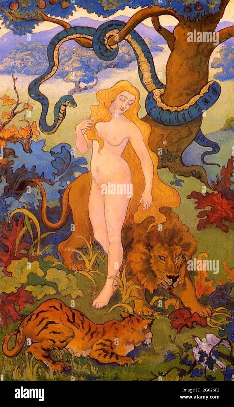 Paul Ranson oeuvre intitulée Eve - Eve dans le jardin d'Eden avec lion et tigre et bien sûr le serpent. Aucun signe d'Adam. Banque D'Images