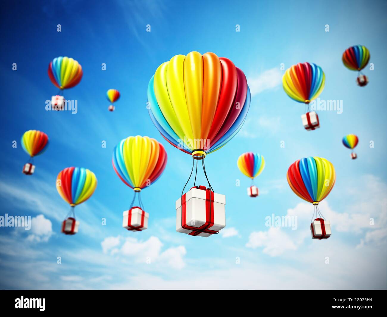 Ballon d'air chaud coloré caryant blanc boîte cadeau enveloppée de ruban rouge. Illustration 3D. Banque D'Images