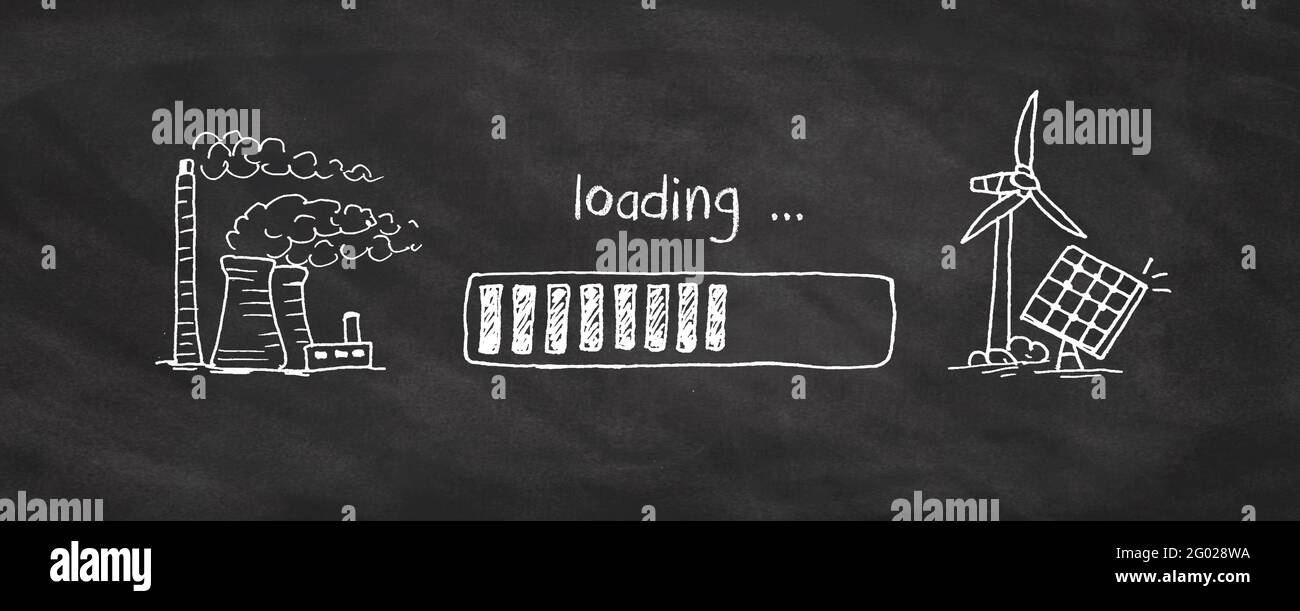Énergie renouvelable / durable transition des combustibles fossiles vers l'environnement energy concept illustré avec des dessins simples sur tableau noir Banque D'Images
