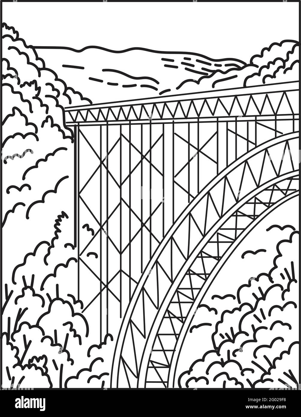 Illustration monoligne du parc national et de la réserve de New River gorge dans le sud de la Virginie-Occidentale dans les Appalaches, États-Unis fait dans Illustration de Vecteur