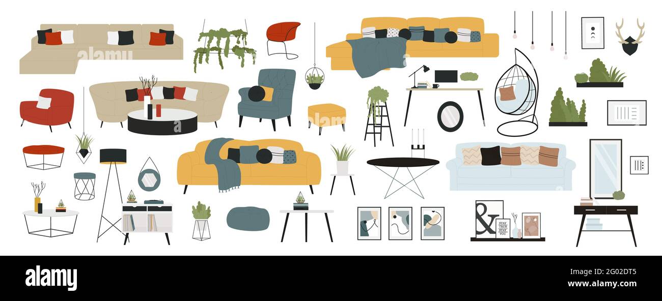 Mobilier décor intérieur moderne pour une illustration vectorielle de salon. Dessin animé mobilier collection d'éléments avec canapé canapé fauteuil chaise table vase lampe pour la maison ou le bureau isolé sur blanc Illustration de Vecteur