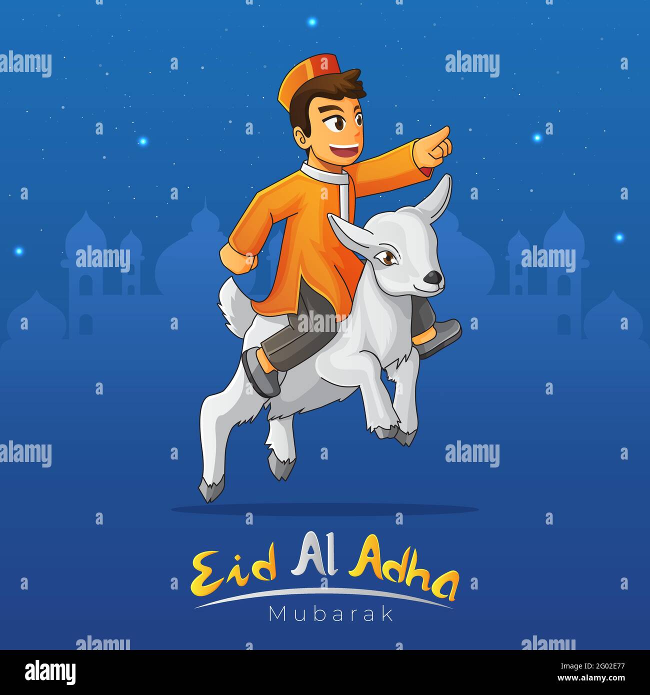 Carte de vœux EID al adha avec chèvre jumpant avec musulman garçon Illustration de Vecteur