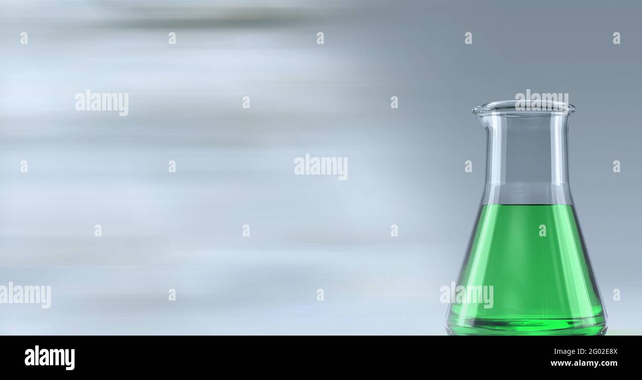Composition d'une fiole conique de liquide vert, avec espace de copie flou Banque D'Images