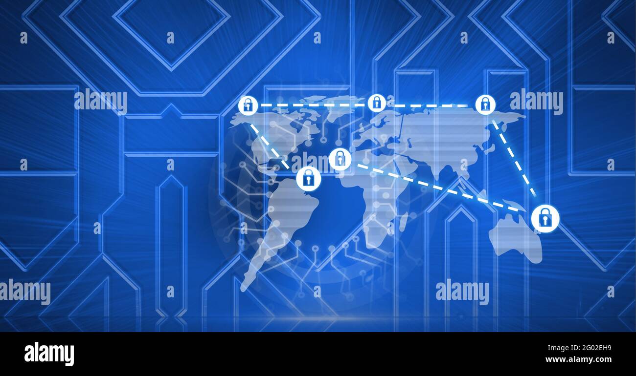 Composition de la carte du monde avec icônes de cadenas connectées sur fond bleu de carte de circuit imprimé Banque D'Images