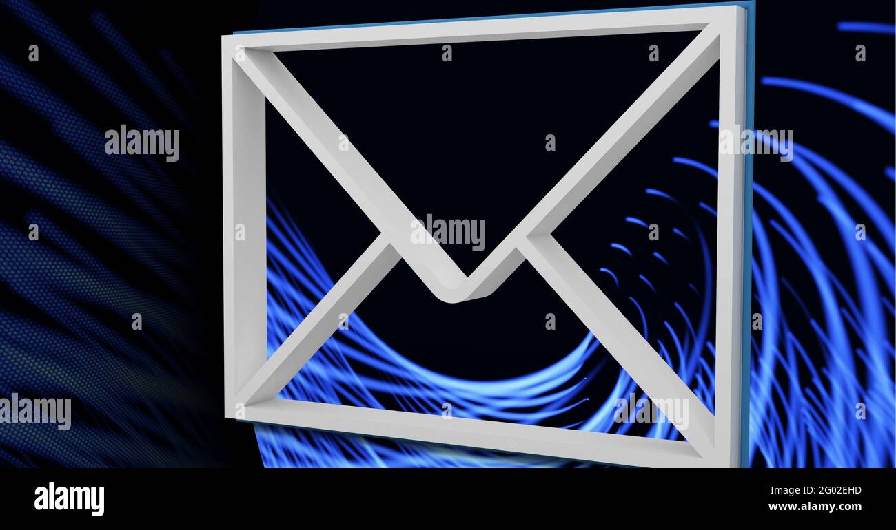 Composition d'une icône d'enveloppe blanche 3d et de traînées de lumière bleue sur fond noir Banque D'Images