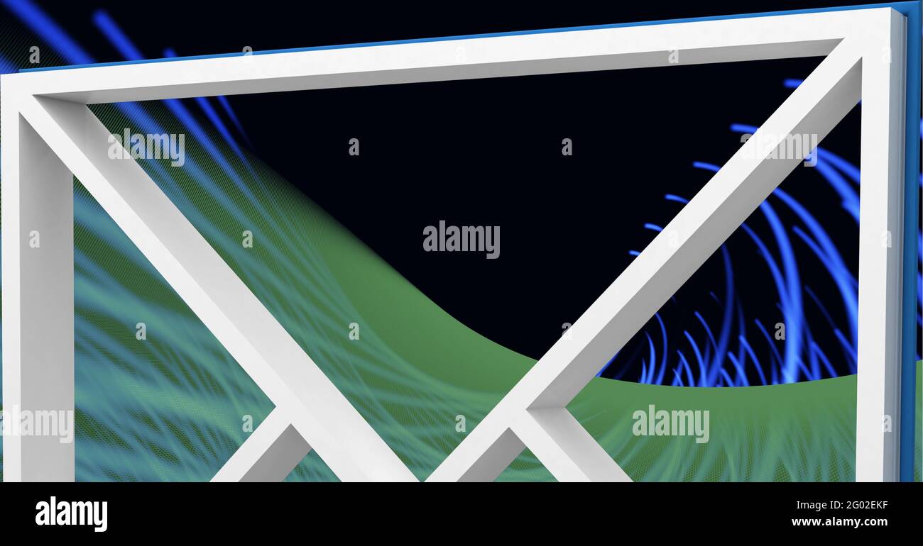 Composition d'une icône d'enveloppe blanche 3d et de lignes bleues en vert et noir avec des traces de lumière bleue Banque D'Images