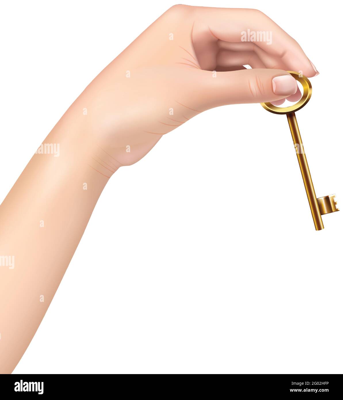 Illustration vectorielle isolée sur fond blanc, main réaliste d'une femme tenant une clé dorée. Illustration de Vecteur