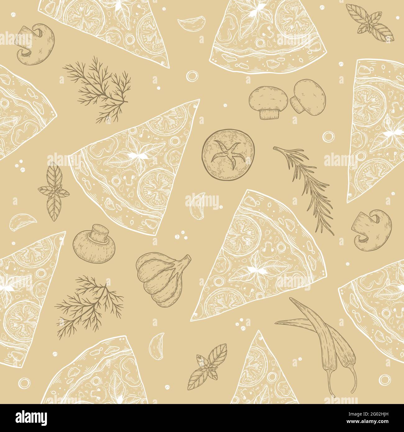 Fond d'ingrédients de pizza. Graphique linéaire. Tomate, ail, basilic, olive, poivre, champignon, feuille. Motif sans couture. Illustration de Vecteur
