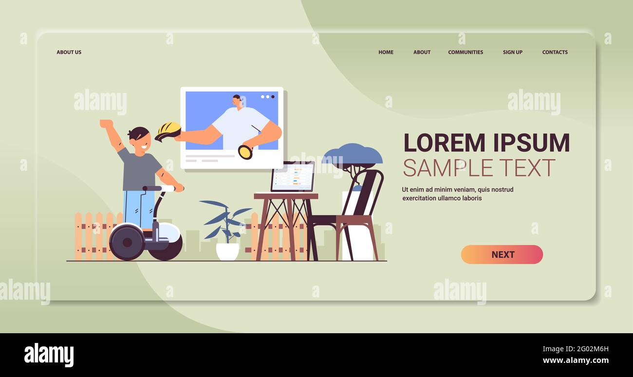 élève-garçon à bord d'un scooter électrique et à discuter avec un instructeur en ligne fenêtre du navigateur pendant un appel vidéo Illustration de Vecteur