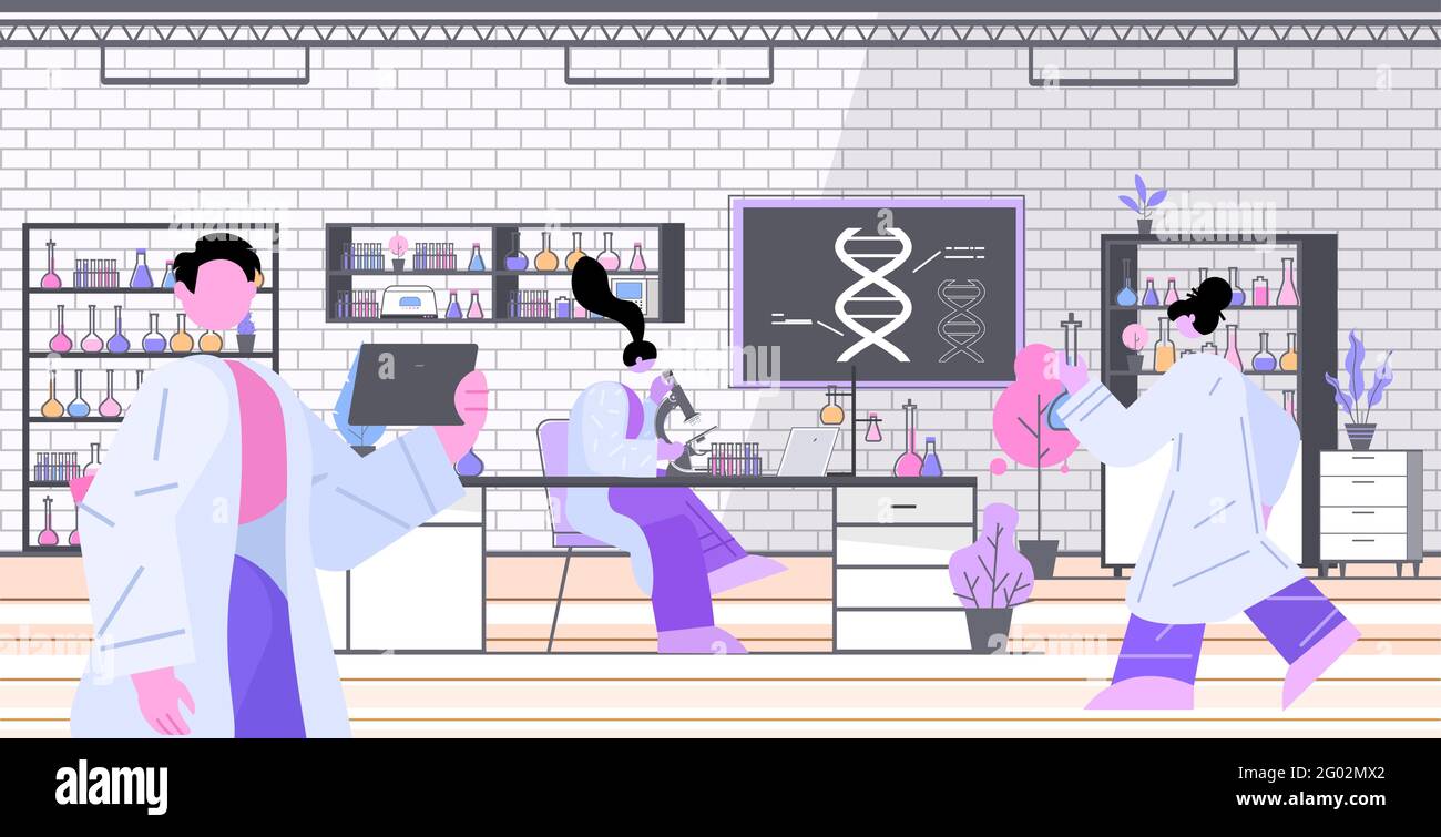 Équipe de scientifiques travaillant avec des chercheurs en ADN faisant des expériences en laboratoire Test ADN diagnostic génétique concept Illustration de Vecteur