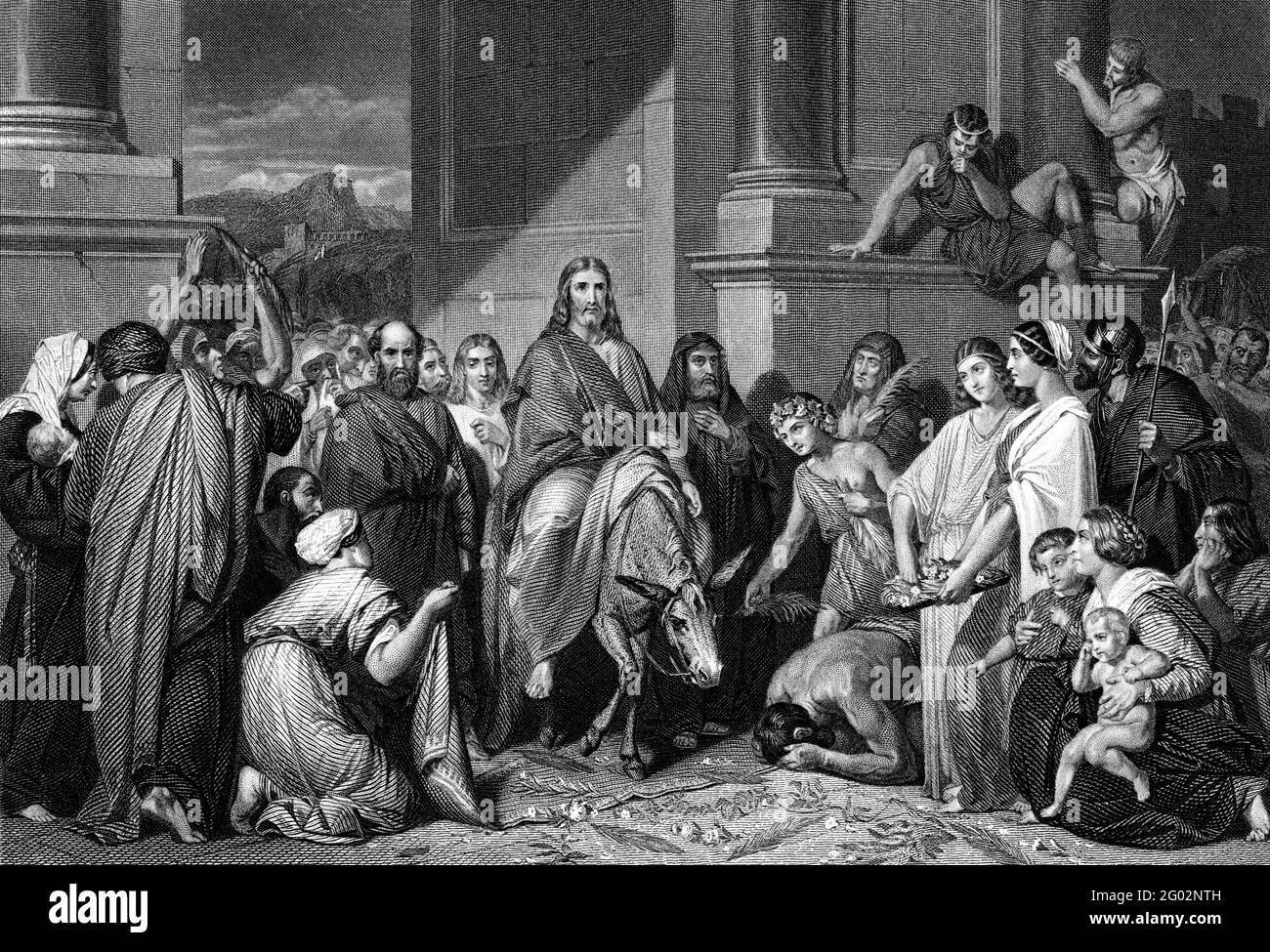 Une illustration gravée de l'entrée de Jésus-Christ à Jérusalem, d'un livre victorien daté de 1879 qui n'est plus en droit d'auteur Banque D'Images