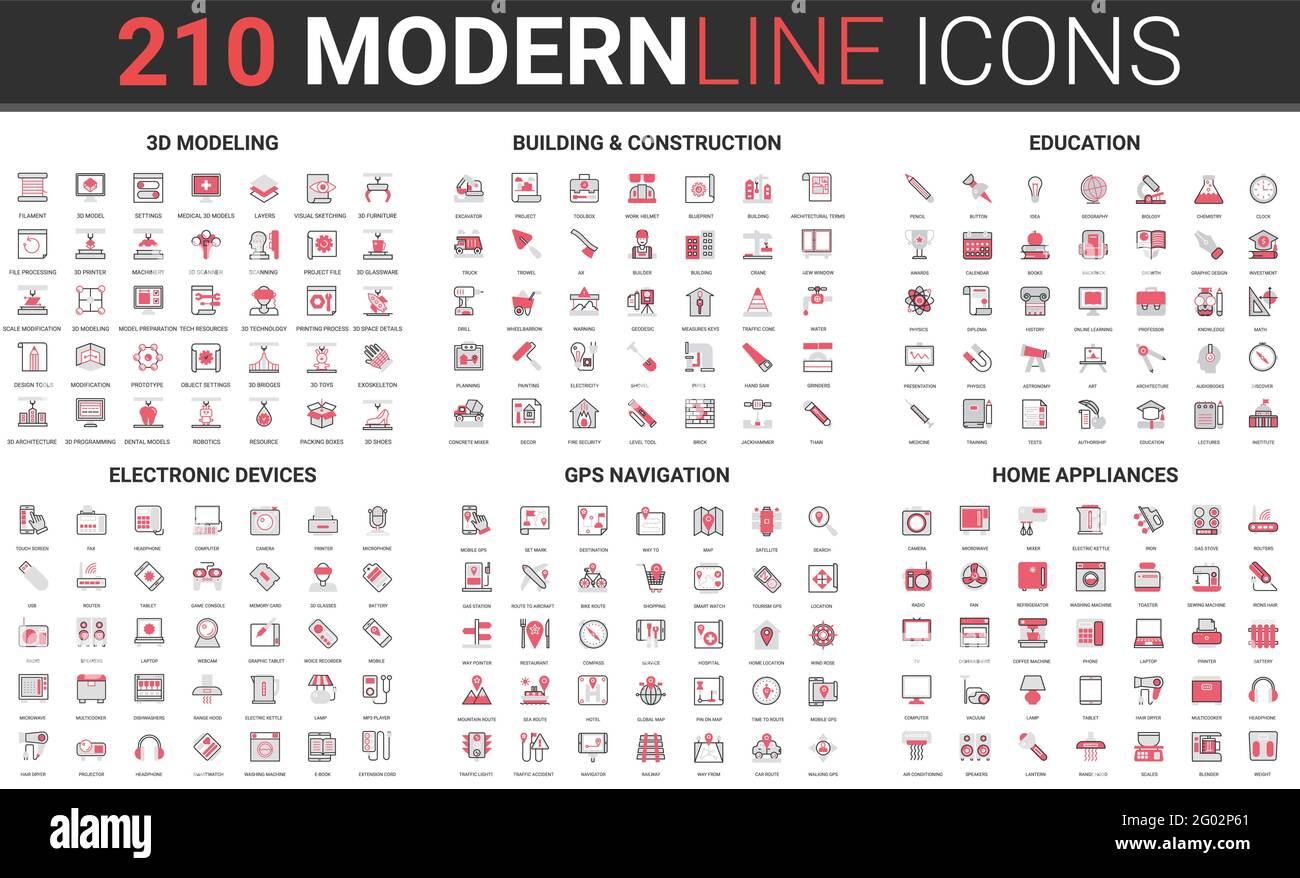 Construction de bâtiments, appareils électroménagers appareils électroniques, navigation gps fin rouge ligne noire icône vecteur jeu d'illustrations. Décrire le processus professionnel d'ingénierie de modélisation 3d, la technologie de l'éducation Illustration de Vecteur