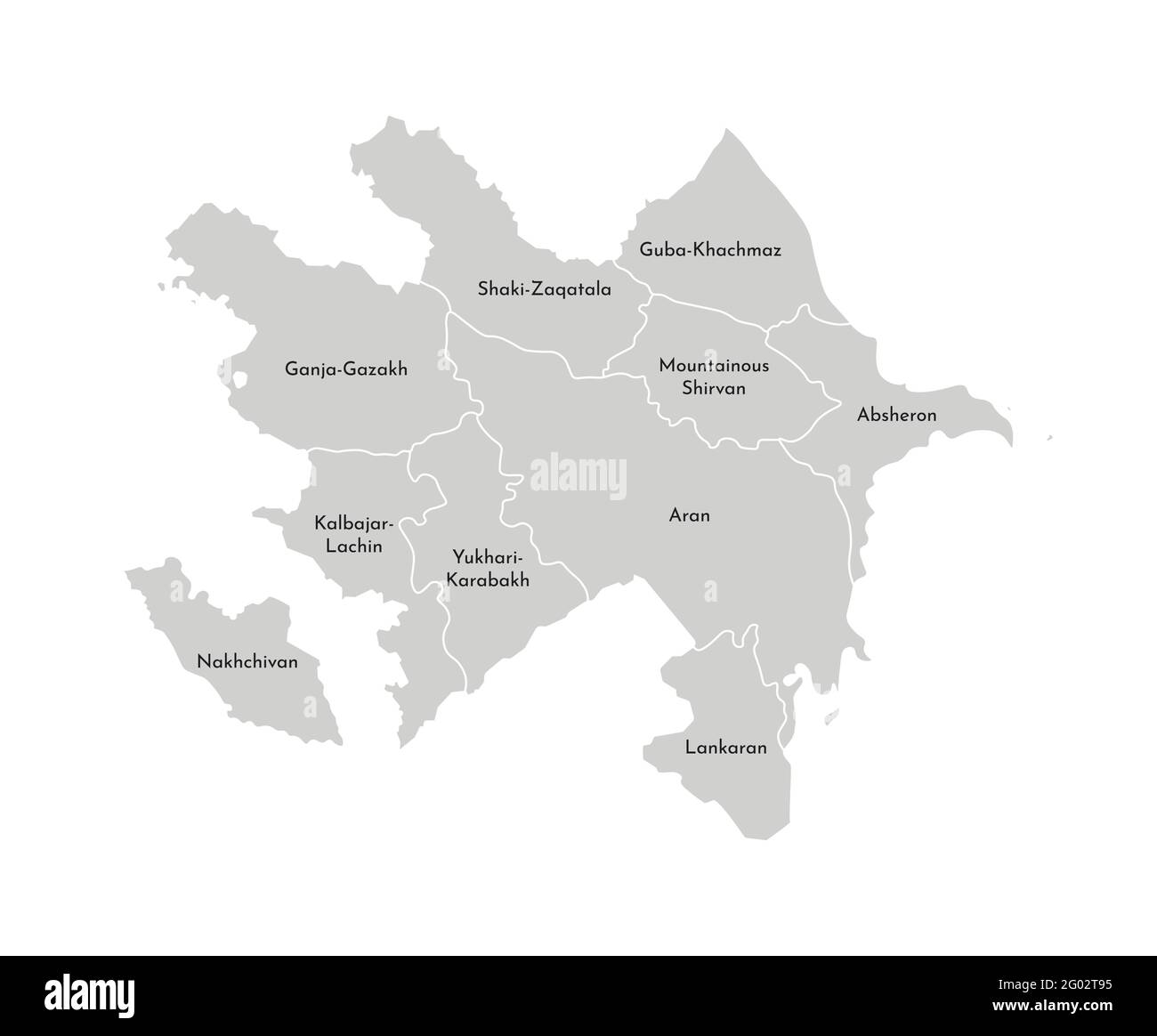 Illustration vectorielle isolée de la carte administrative simplifiée de l'Azerbaïdjan. Frontières et noms des provinces (régions). Silhouettes grises. Illustration de Vecteur