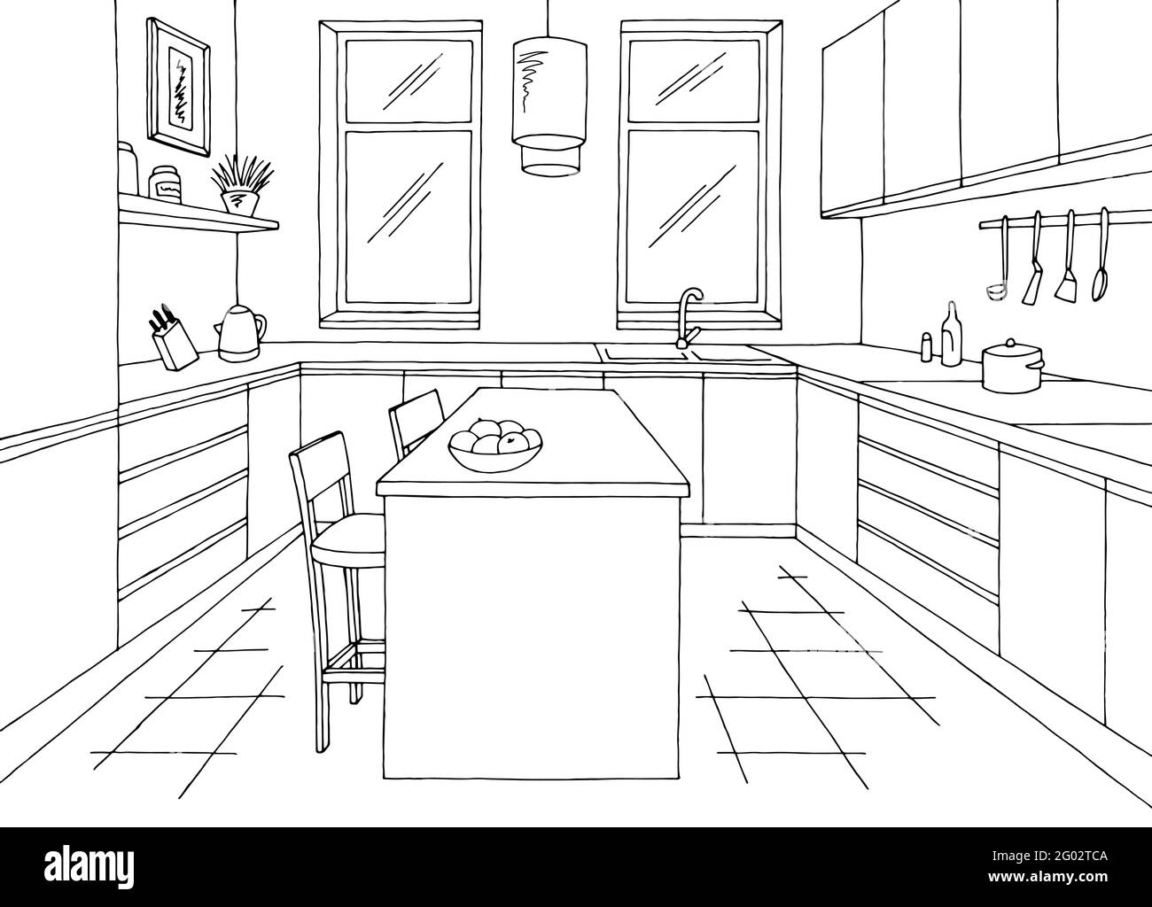 Cuisine pièce graphique noir blanc intérieur dessin illustration vecteur Illustration de Vecteur