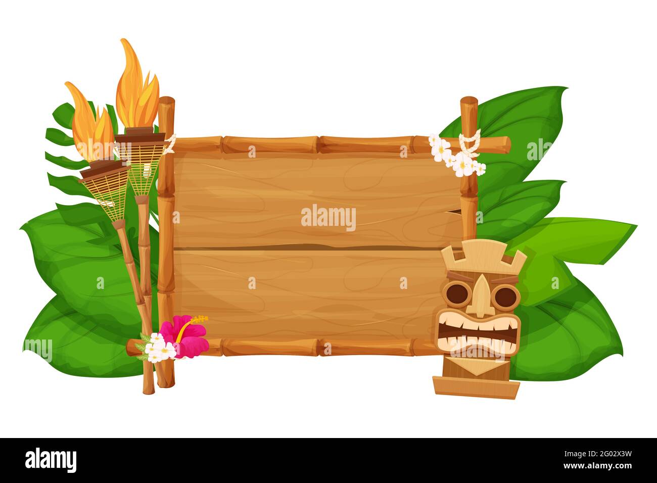 Tiki tribal masque hawaïen, statuette avec visage humain sur cadre en bambou avec des bureaux en bois, planches, torche dans le style de dessin animé décoré exotique, feuilles de palmier isolées sur fond blanc. . Illustration vectorielle Illustration de Vecteur