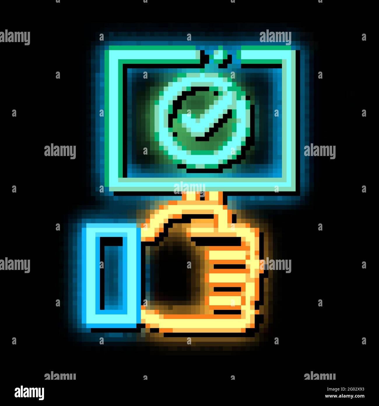 Tablette à main avec illustration de l'icône Mark Neon Glow approuvée Illustration de Vecteur