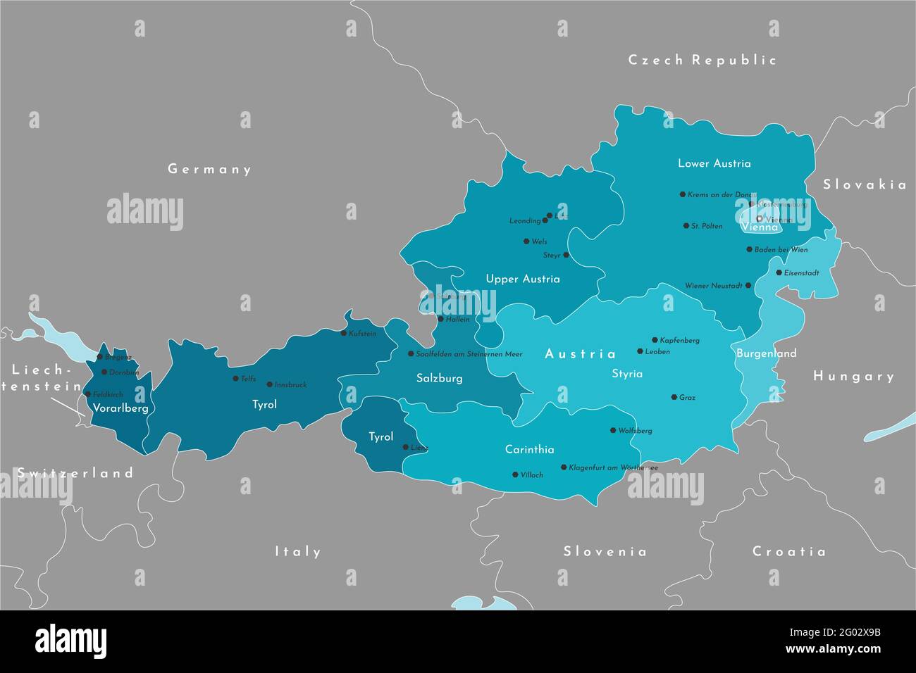 Illustration vectorielle moderne. Carte administrative simplifiée de l'Autriche. Il est bordé par l'Allemagne, la République tchèque, l'Italie, la Suisse, etc. Noms de Illustration de Vecteur