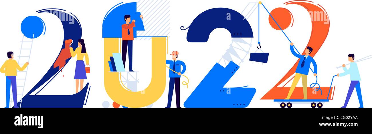 Le personnel du bureau se prépare à rencontrer la nouvelle année 2022. Illustration vectorielle. Les personnages de dessin animé réparent les numéros. L'image est isolée sur fond blanc Illustration de Vecteur