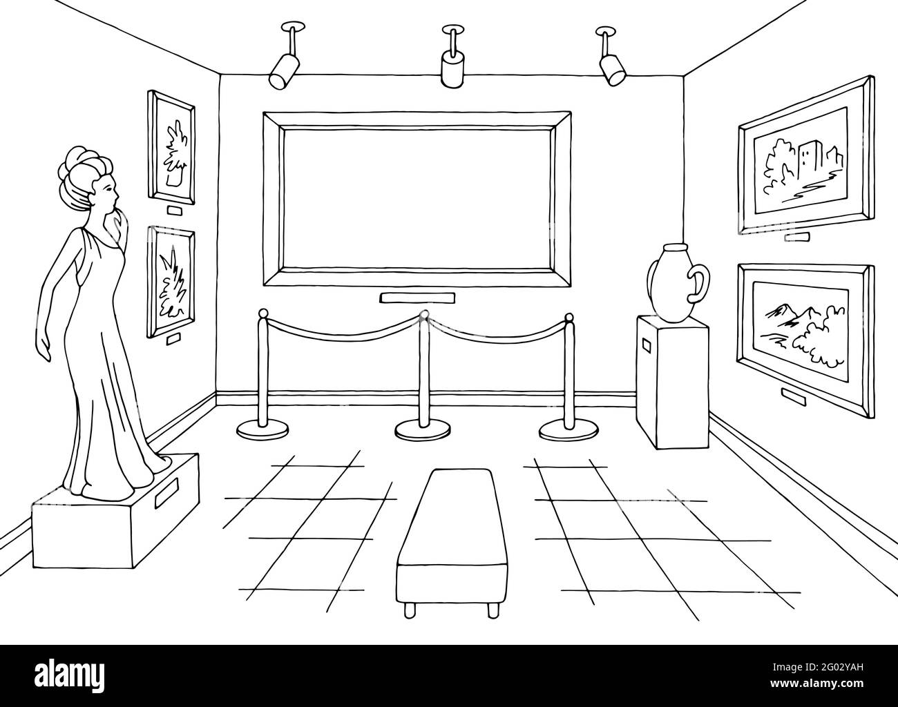 Intérieur du musée graphique noir blanc vide image cadre croquis vecteur d'illustration Illustration de Vecteur