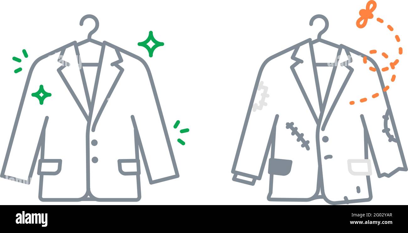 Icônes de veste ou de blazer. Vêtements neufs et anciens. Métaphore négative et positive. Vecteur. L'image est isolée sur un fond blanc. Illustration de Vecteur