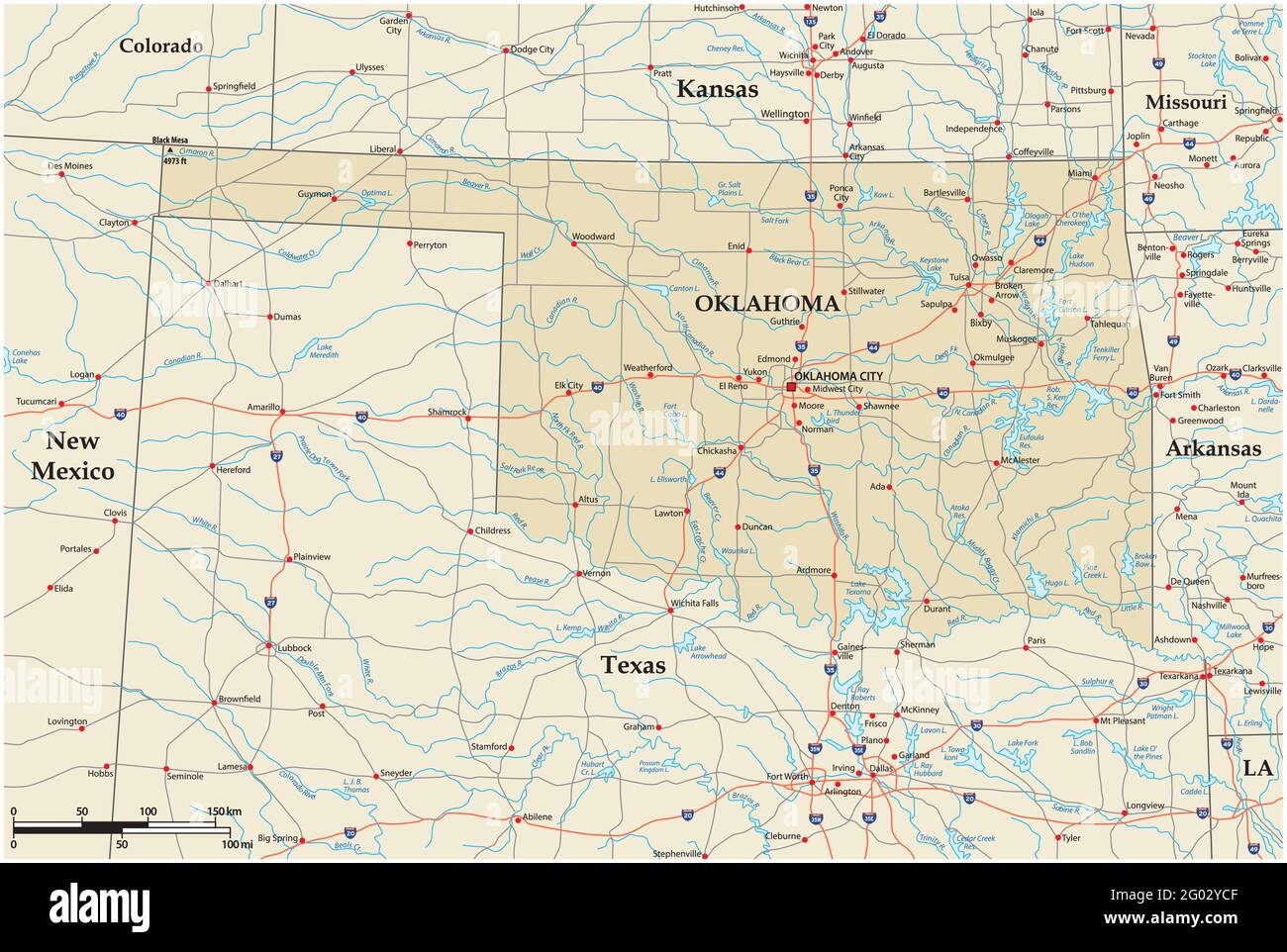 Carte routière vectorielle de l'État américain de l'Oklahoma Illustration de Vecteur