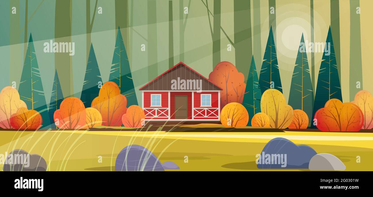 Paysage de forêt en soirée avec maison en bois solitaire Illustration de Vecteur