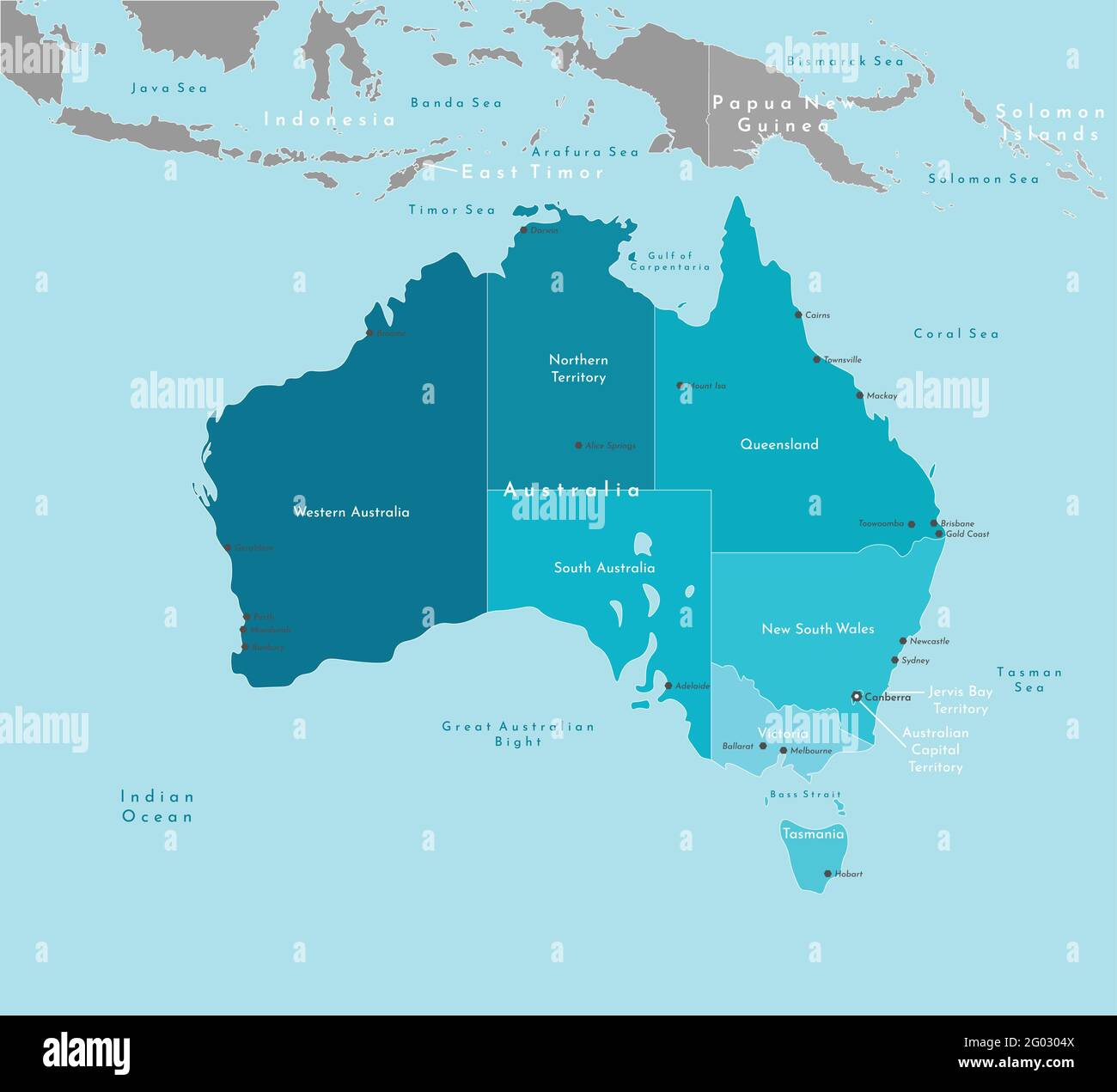 Illustration vectorielle moderne. Carte géographique simplifiée de l'Australie et des zones les plus proches (Indonésie, Papouasie-Nouvelle-Guinée, etc.). Fond bleu de l'Indi Illustration de Vecteur