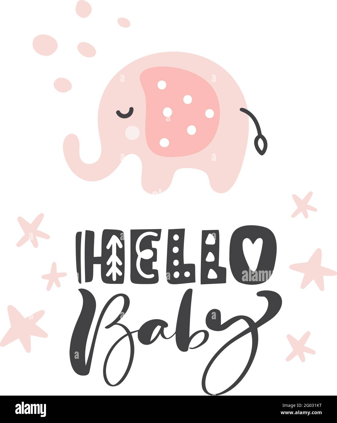 Joli éléphant avec texte Hello Baby. Illustration scandinave vectorielle dessinée à la main. Peut être utilisé pour l'impression de t-shirt, les enfants portent le design de mode, bébé Illustration de Vecteur