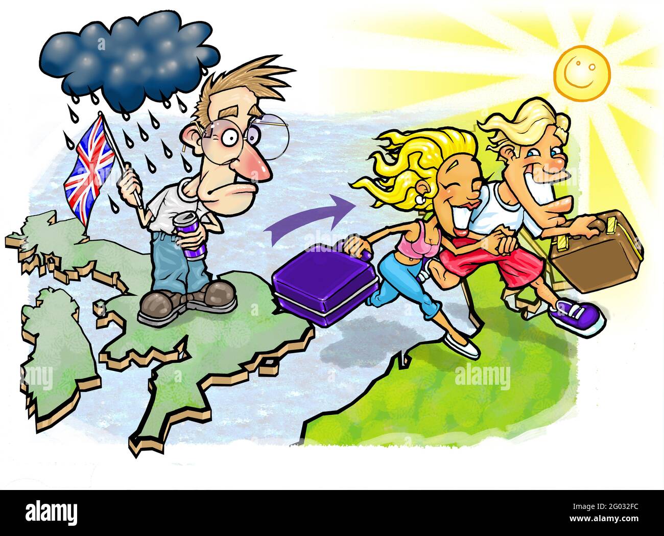 Homme sur la carte de la Grande-Bretagne tenant le drapeau de l'Union du Royaume-Uni sous les montres de nuages de pluie pendant que les gens partent pour l'Europe, la misère du Brexit, la perte de la libre circulation Banque D'Images