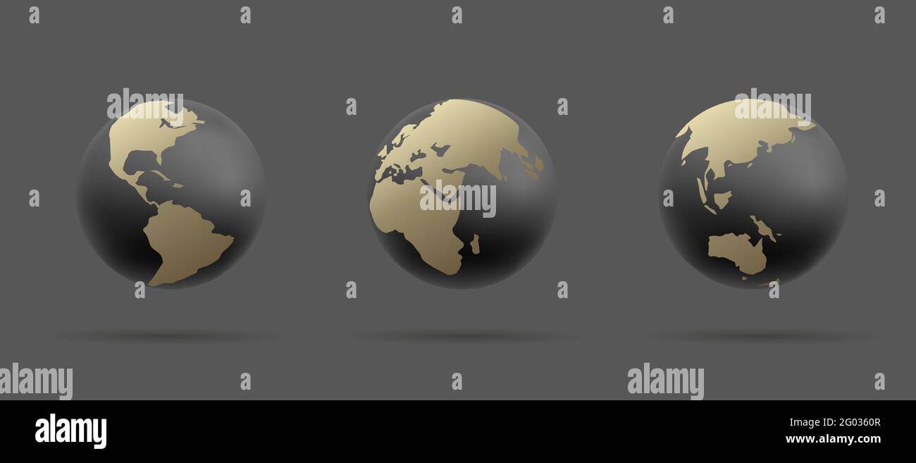 Ensemble d'icônes globe terrestre, illustration 3d stylisée d'une sphère en noir et or Illustration de Vecteur