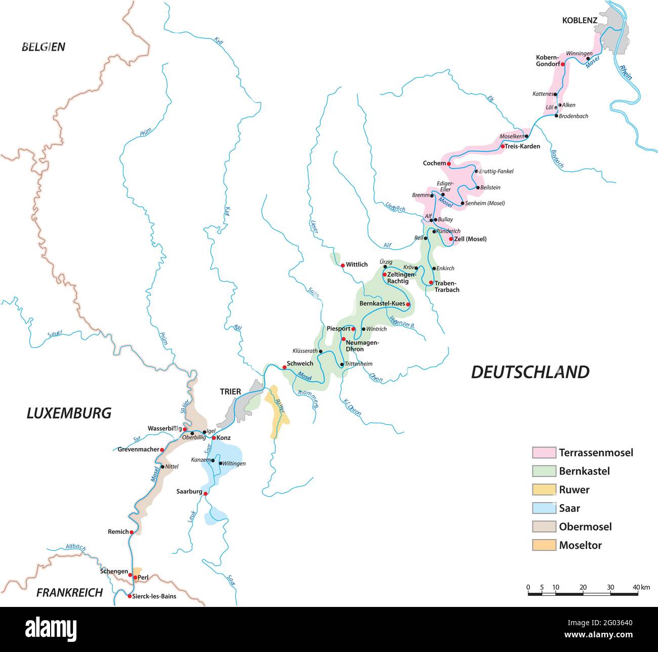 Carte vectorielle des zones viticoles de la Moselle, Allemagne Illustration de Vecteur