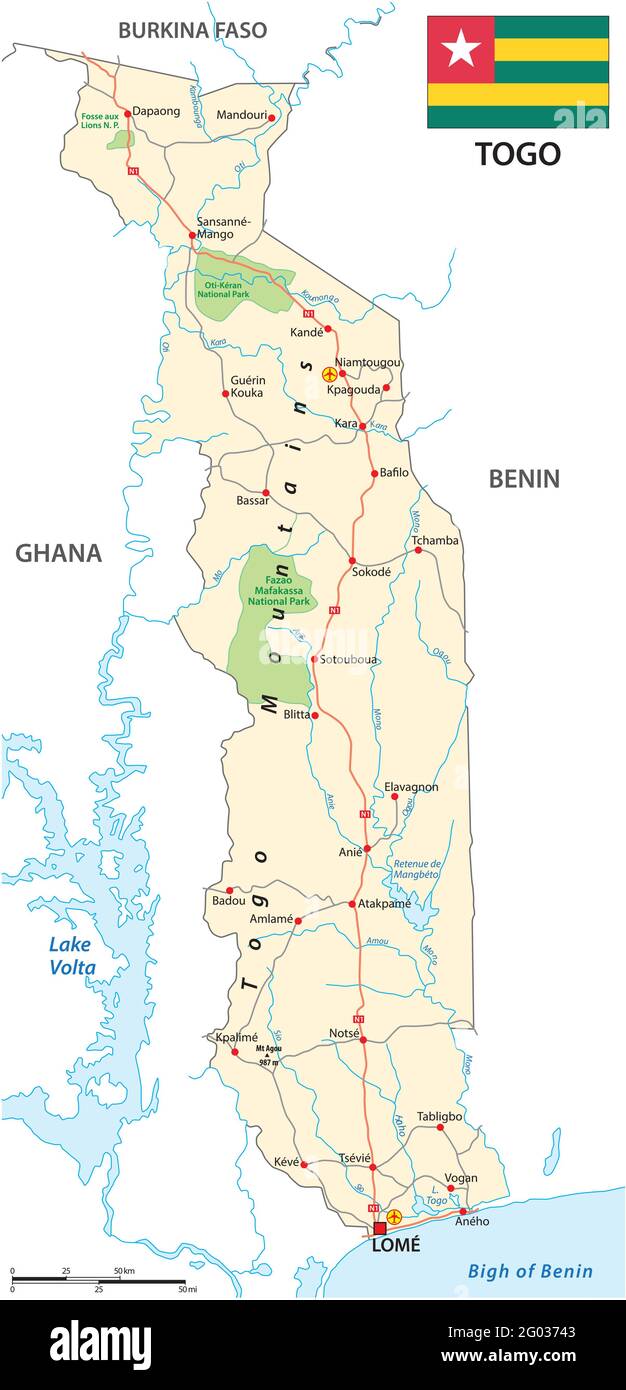 carte routière vectorielle de l'état d'afrique de l'ouest togo avec drapeau Illustration de Vecteur