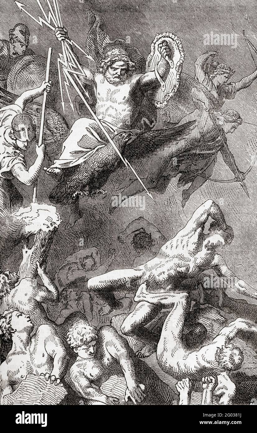 Selon la mythologie grecque Zeus a vaincu le géant Mimas en lui lançant des coups de tonnerre pendant le Gigantomachy, la bataille entre les Giants et les dieux olympiques pour la suprématie du cosmos. Zeus, le ciel et le dieu tonnerre dans la mythologie grecque antique, qui a régné comme roi des dieux du Mont Olympe. D'UNE histoire populaire de la Grèce, publié en 1887. Banque D'Images