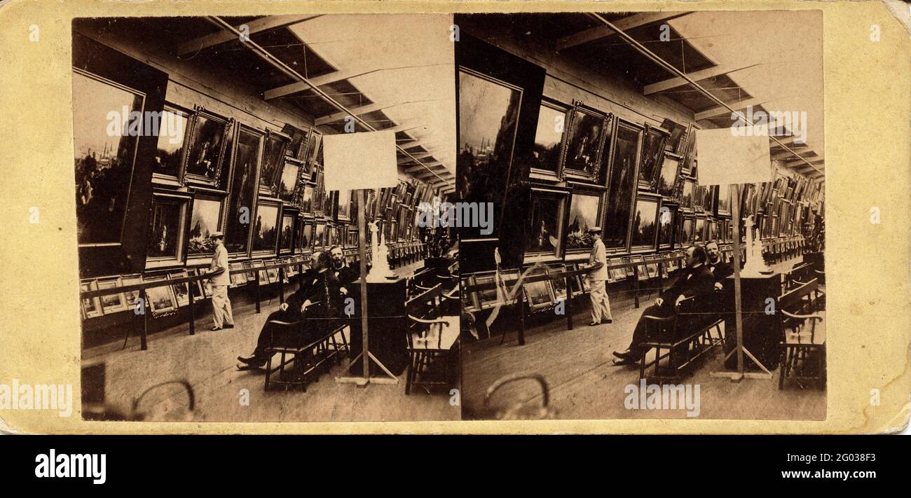 Stereoview de peintures et de sculptures dans la galerie d'art de la grande foire sanitaire, également appelée la grande foire centrale, Philadelphie, Pennsylvanie, juin 1864. Photographie de James Cremer (1821 - 1893). Banque D'Images