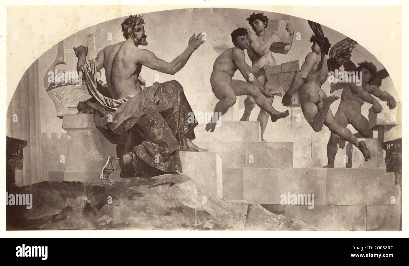 Peinture intitulée "Amphion Building Cities by the Sound of HIS Lyre", située sur le mur sud du salon octogonal est du nouvel Opéra de Paris, plus tard connu sous le nom de Palais Garnier, Paris, France, 1866-74 / 1876. Peinture de Jules-Élie Delaunay (1828 - 1891). Photographie de Louis-Emile Durandelle (1839 - 1917). Banque D'Images