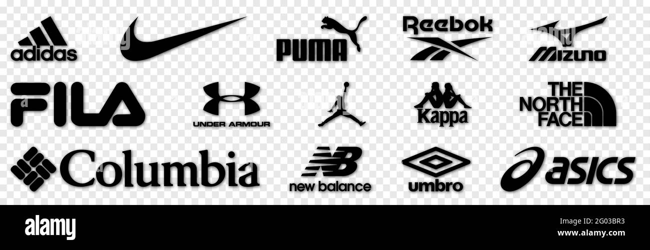Vinnytsia, Ukraine - 30 mai 2021 : logos populaires des marques populaires de vêtements de sport. Adidas, Nike, Puma, Reebok, Mizuno, Fila, Under Armor, Jordanie, Kappa, Illustration de Vecteur